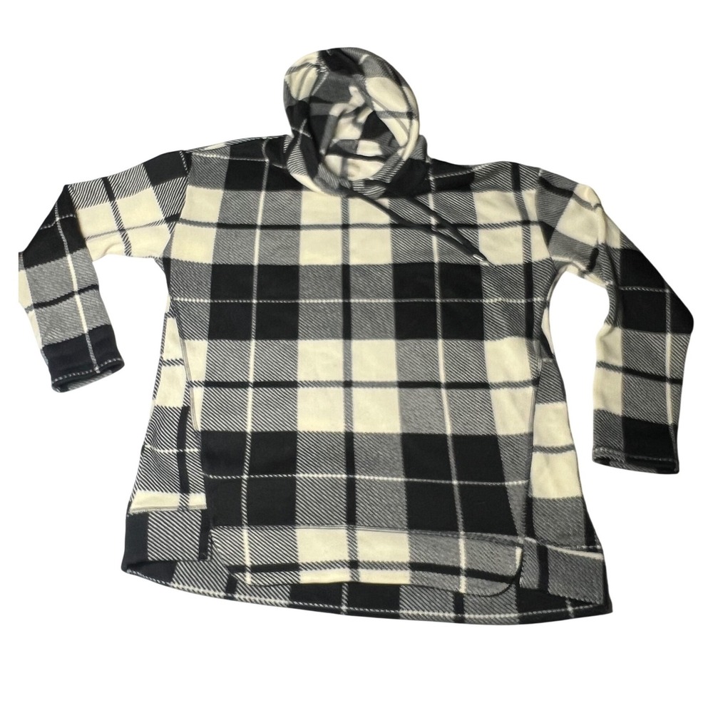 St Johns Bay Active‎ Womens Large Black Cream Plaid Fleece Hoodie Pullover L